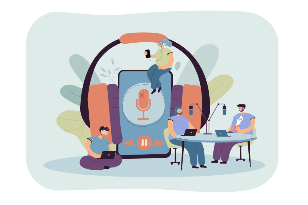 Podcast recording session illustration with headphones and microphones.