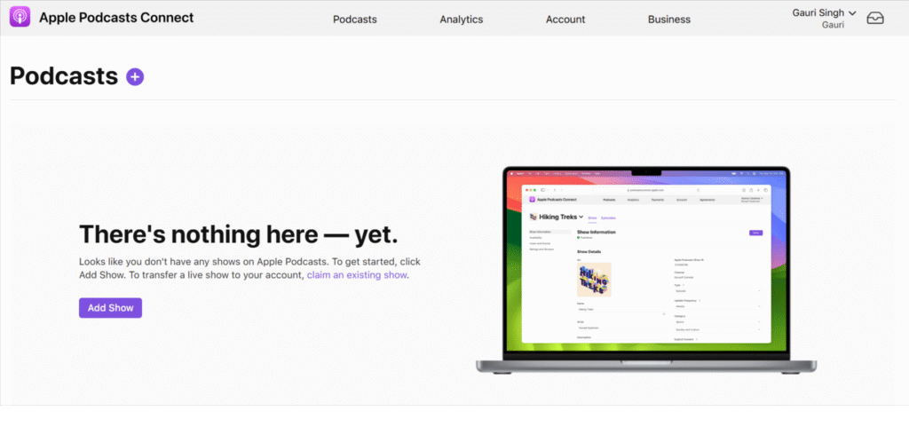 Apple Podcast Connect Dashboard - list your podcast on Apple