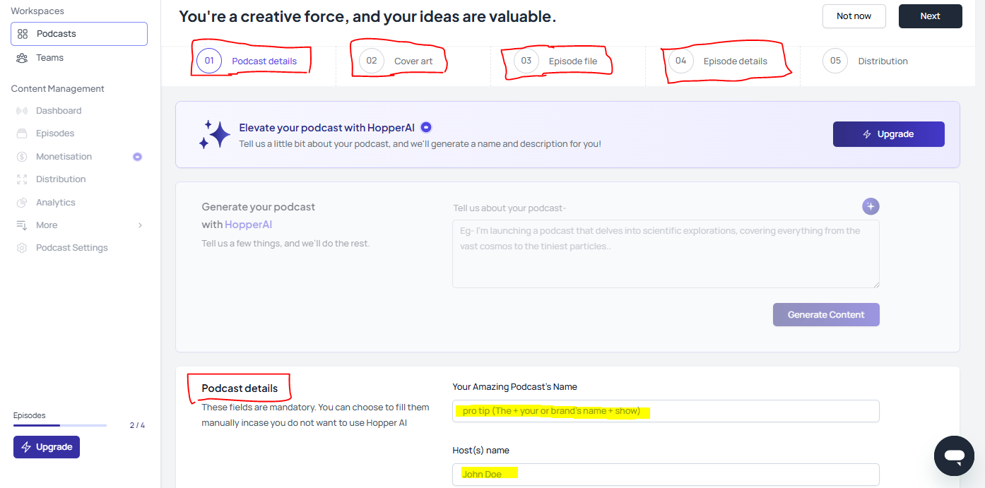 Upload the MP3 file containing your podcast.