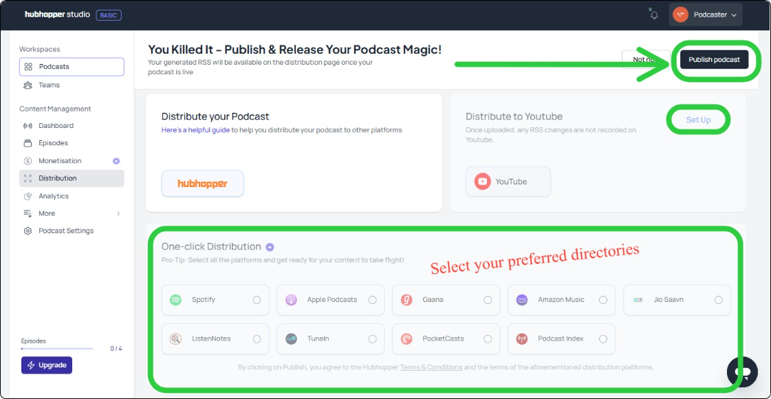 Select platforms and publish your podcast