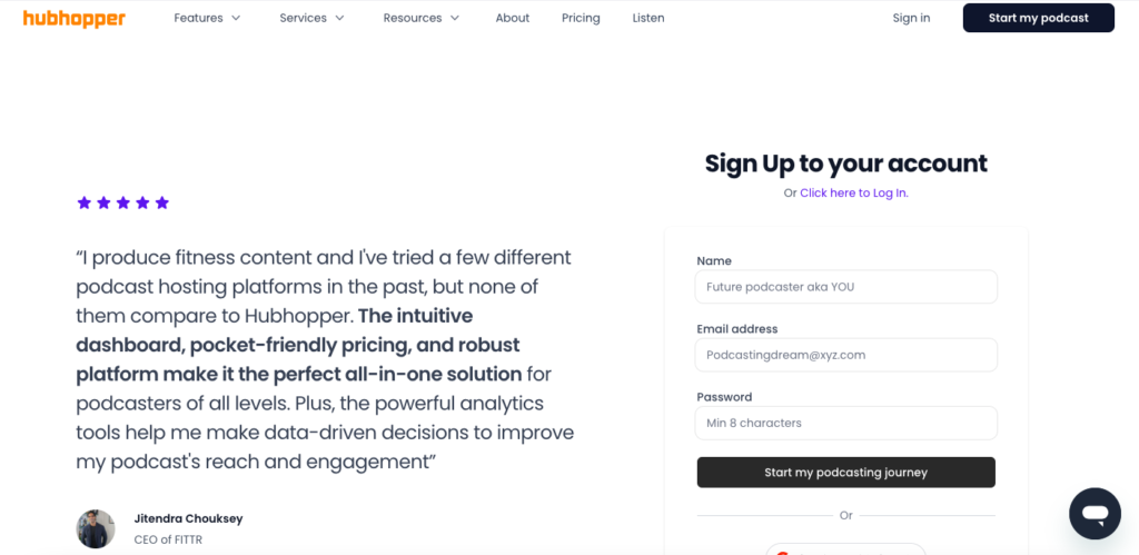 Sign up on Hubhopper