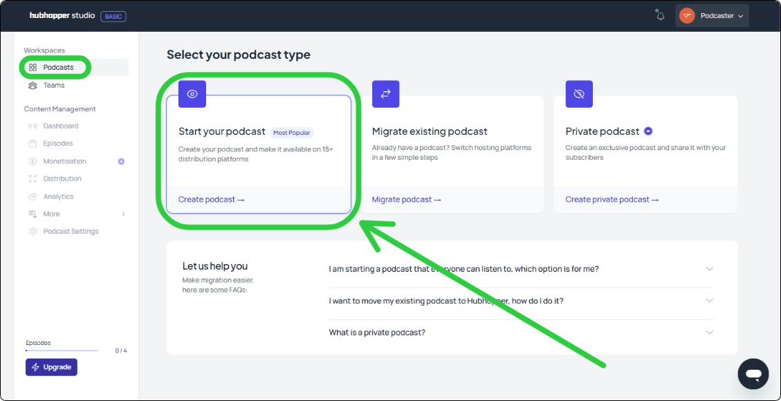 Hubhopper Studio screen highlighting the 'Start your podcast' option.