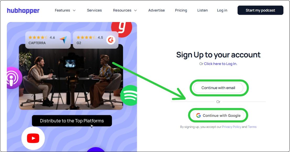 Hubhopper sign-up page