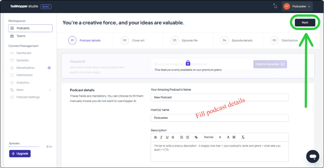 Fill in podcast details on Hubhopper