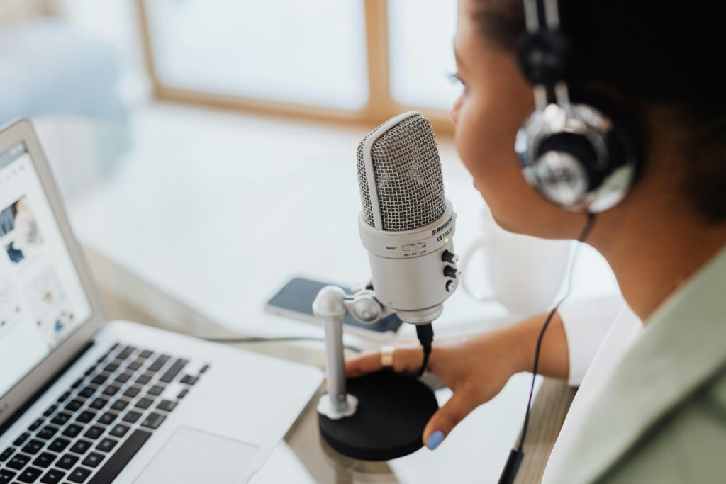 Remote podcast setup at home with mic, soundproofing, and camera